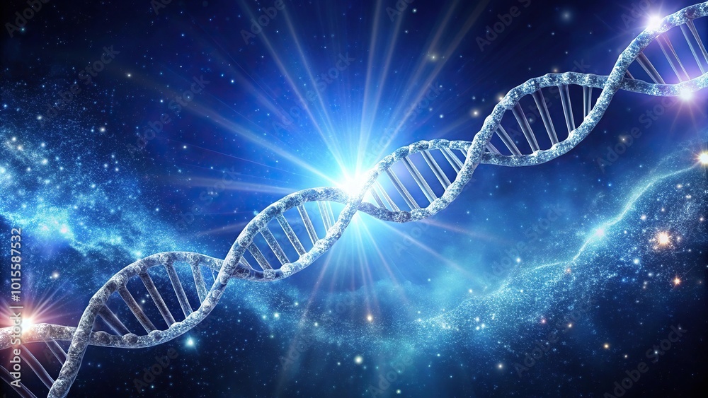 Glowing DNA chain in celestial setting in April, asymmetrical Glowing DNA chain in celestial setting in April, asymmetrical