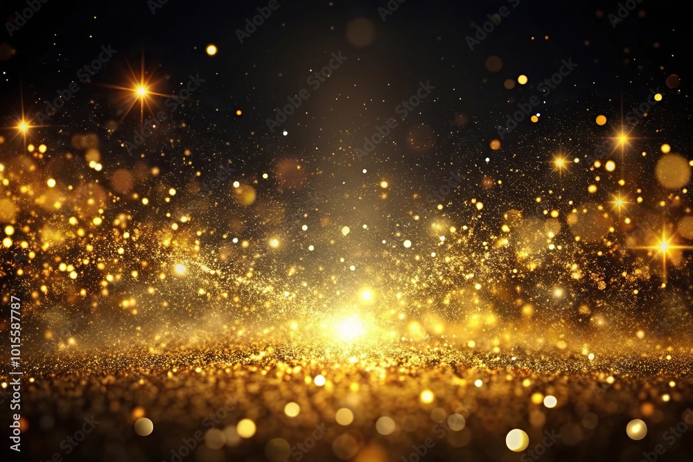 Fototapeta premium Glowing glittery golden dust particles in the air against dark background Aerial