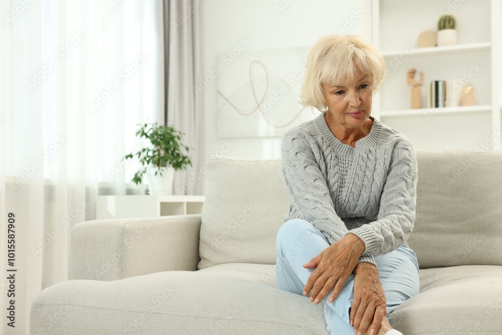 Beautiful senior woman sitting on sofa at home, space for text Beautiful senior woman sitting on sofa at home, space for text
