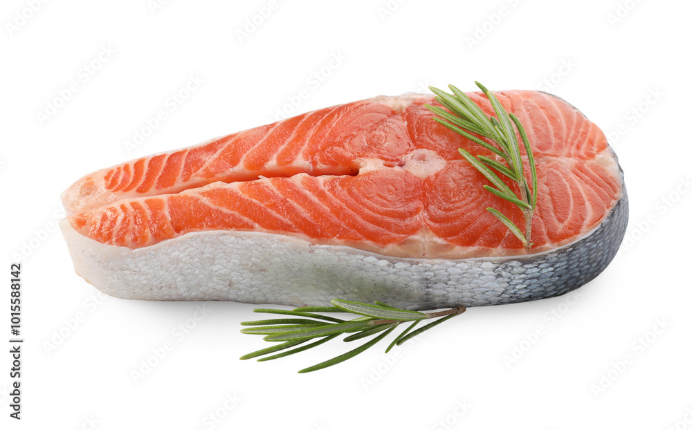 Fresh salmon steak and rosemary isolated on white Fresh salmon steak and rosemary isolated on white