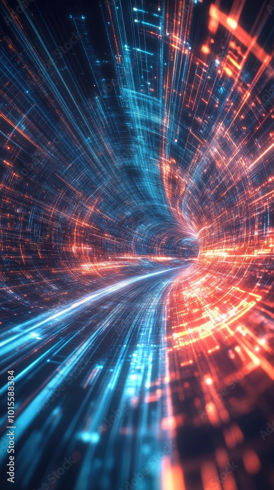 Obraz premium Dynamic tunnel of light portraying speed and technology with vibrant blue and red hues, perfect for sci-fi and futuristic themes.