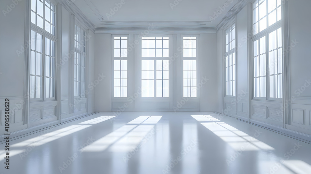 White Room with Windows and Sunbeams 3D Render White Room with Windows and Sunbeams 3D Render