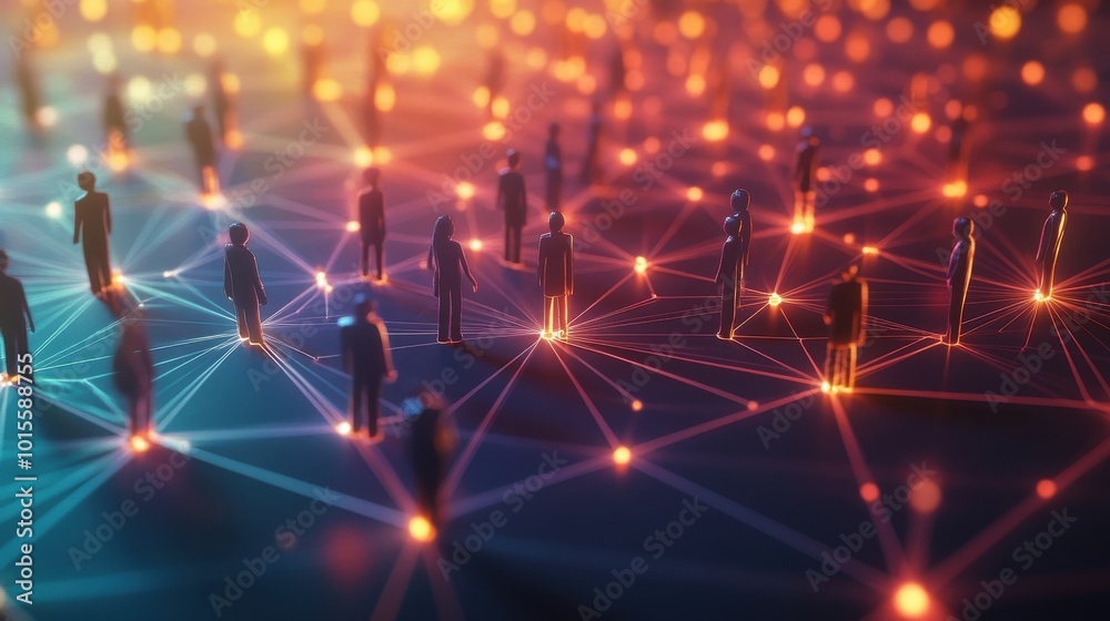 Fototapeta premium Abstract figures of people stand on a digital network with glowing nodes and lines connecting them, representing global communication and technology connectivity.