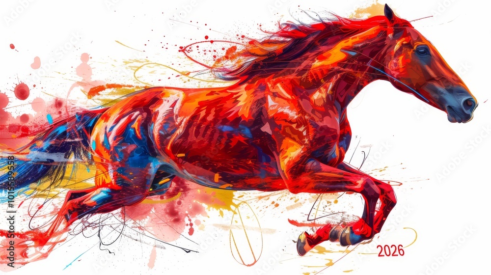 Obraz premium A bold abstract artwork of a red horse galloping forward, surrounded by vivid splashes of color. The dynamic composition and vibrant palette evoke energy, speed, and artistic creativity in motion.