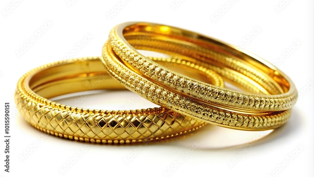 Gold bangles and ring isolated on white background macro shot Gold bangles and ring isolated on white background macro shot