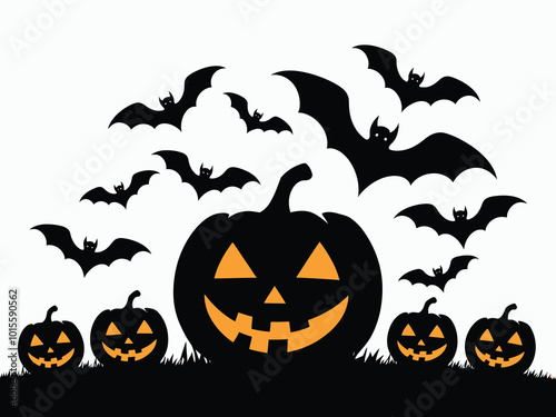 Spooky Pumpkin Silhouettes with Flying Bats Vector EPS