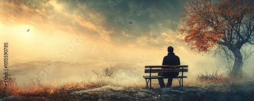 A serene landscape featuring a solitary figure on a bench, gazing at a beautiful sunset over a tranquil horizon. photo