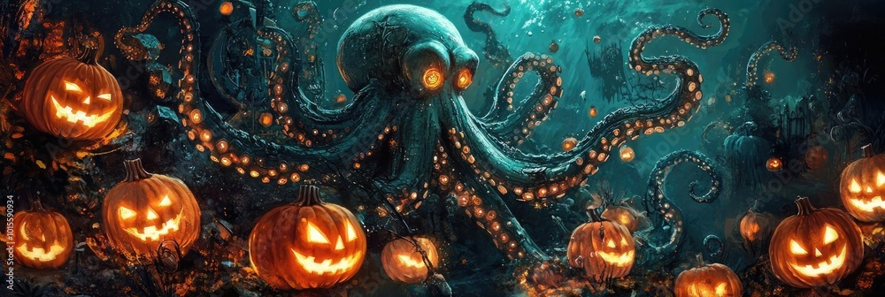 A whimsical underwater scene with a friendly octopus surrounded by glowing pumpkins, perfect for Halloween-themed design. A whimsical underwater scene with a friendly octopus surrounded by glowing pumpkins, perfect for Halloween-themed design.