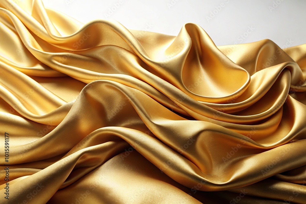 Fototapeta premium Gold wavy fabric on white background with forced perspective