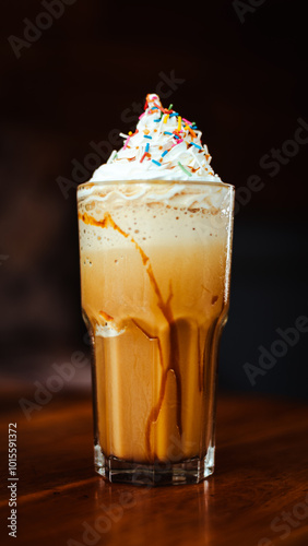 Plano detalle de un refrescante y verdaderamente delicioso frappé caramelo photo