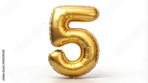 Golden balloon shaped as number five on white background