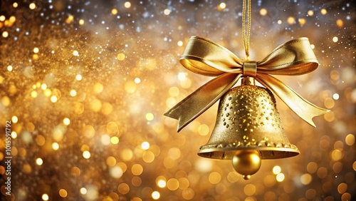 Golden Christmas bell with ribbon bow and confetti snow and lights