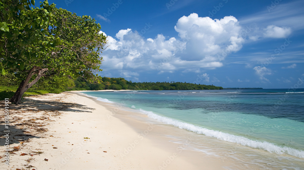 A quiet beach with soft white sand and turquoise water, ideal for relaxation. A quiet beach with soft white sand and turquoise water, ideal for relaxation.