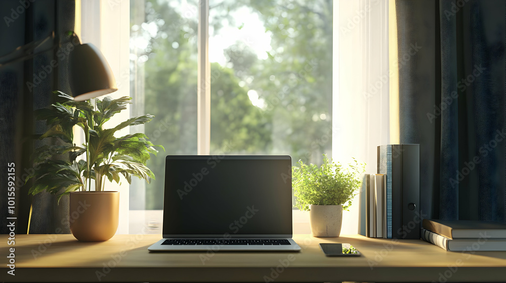Laptop on a Desk with Plants and Books - 3D Illustration Laptop on a Desk with Plants and Books - 3D Illustration