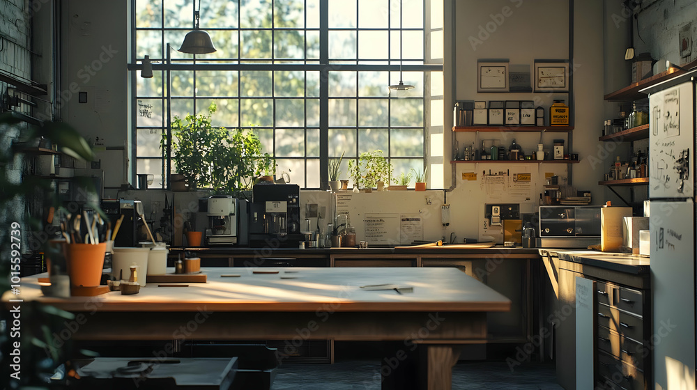 Sunny Kitchen Interior with Window View 3D Illustration Sunny Kitchen Interior with Window View 3D Illustration