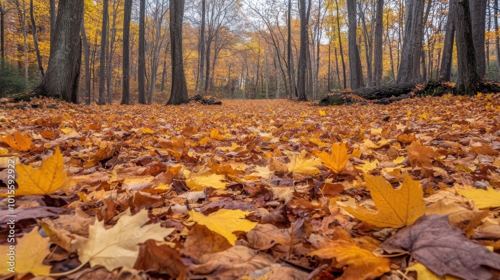 An array of autumn leaves in golden tones lying on a forest floor, with trees towering in the background, creating a peaceful seasonal scene An array of autumn leaves in golden tones lying on a forest floor, with trees towering in the background, creating a peaceful seasonal scene