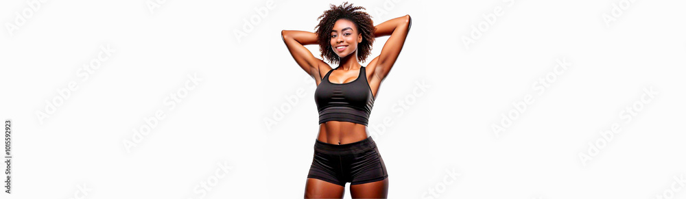A healthy Black woman wearing a black tank top. A healthy Black woman wearing a black tank top.