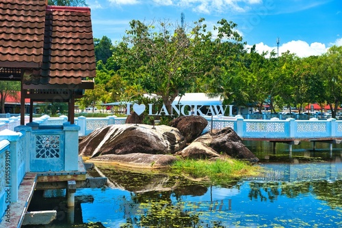 
Langkawi, Malaysia - October 04, 2024: Langkawi Geo Park. Landmark of the Malaysian Island. It is next to a huge statue of an eagle at the Eagle Square near the Kuah. On a hot sunny day in wet season photo