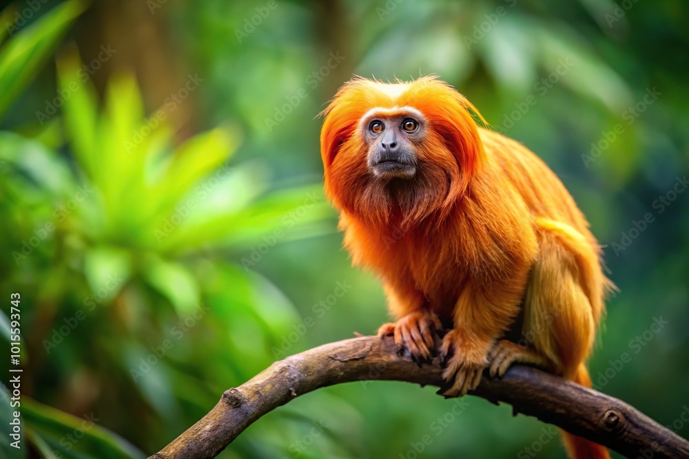 Golden lion tamarin sitting on a branch in the forest, wildlife high angle view
