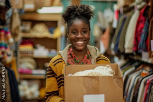 Cheerful young woman holding a box of donated items in a thrift store photo