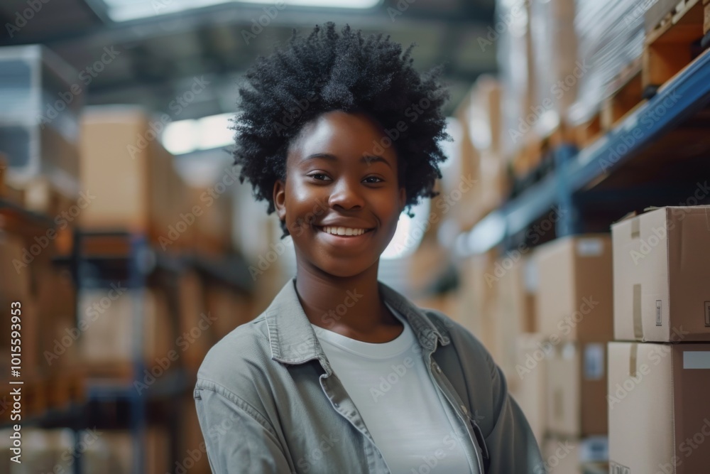 Happy young black female Handling shipping and logistics in startup company office Happy young black female Handling shipping and logistics in startup company office