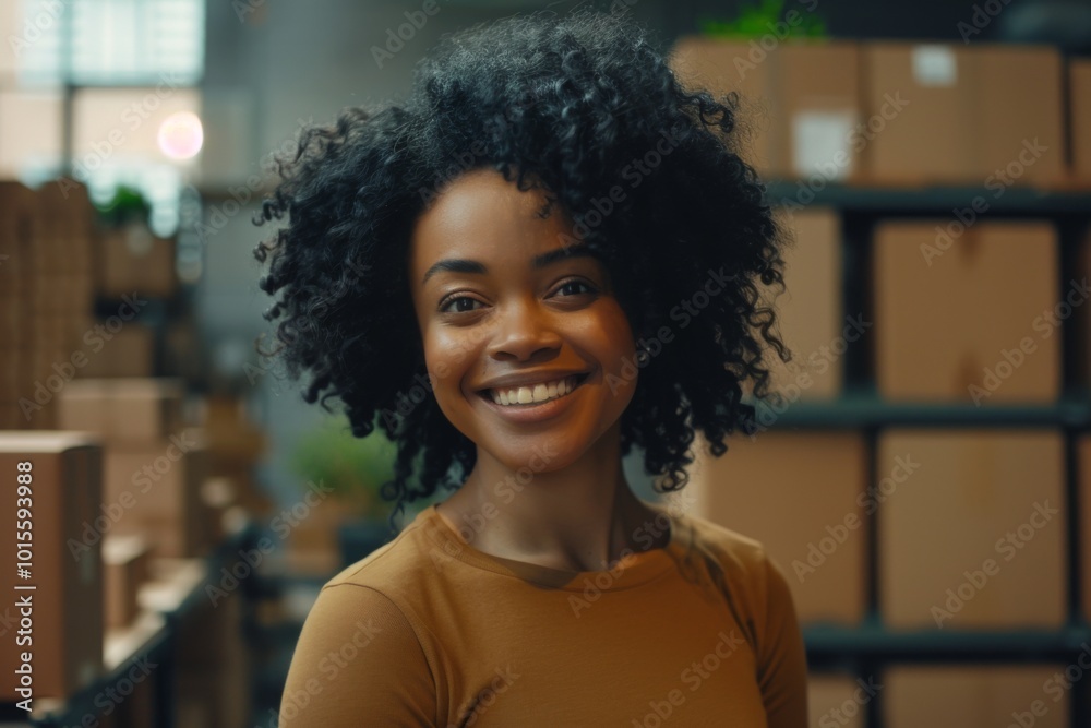 Happy young black female Handling shipping and logistics in startup company office Happy young black female Handling shipping and logistics in startup company office