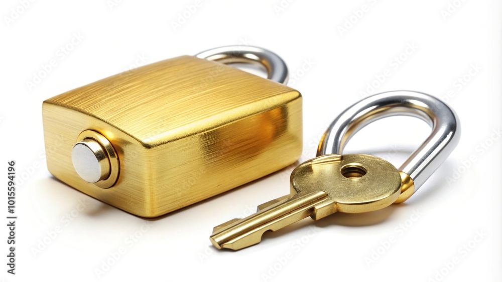 Golden padlock with key at tilted angle isolated on white background Golden padlock with key at tilted angle isolated on white background