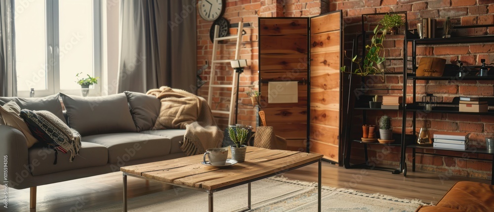 Cozy interior with wooden table, rack and folding screen in living room Cozy interior with wooden table, rack and folding screen in living room