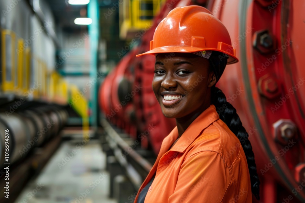 Portrait of a smiling young black female engineer at hydroelectric plant Portrait of a smiling young black female engineer at hydroelectric plant