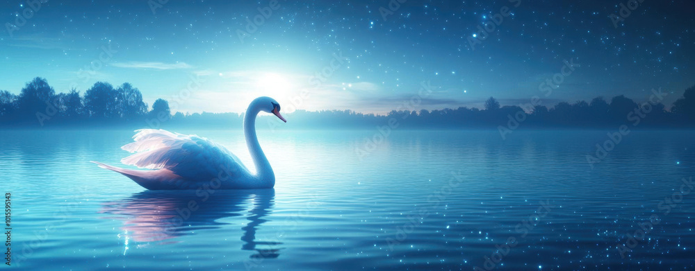 Fototapeta premium Swan gliding on a serene lake under a starry night sky.