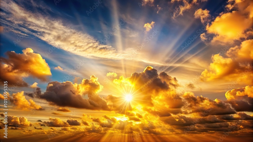 Golden sunrise sky with cumulus clouds and sun Golden sunrise sky with cumulus clouds and sun