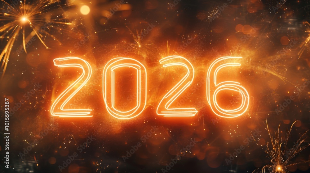 Glowing neon numbers 2026 stand out against a vibrant background of golden fireworks and sparkling lights. The warm tones and celebratory atmosphere make it ideal for New Year or event-themed visuals.