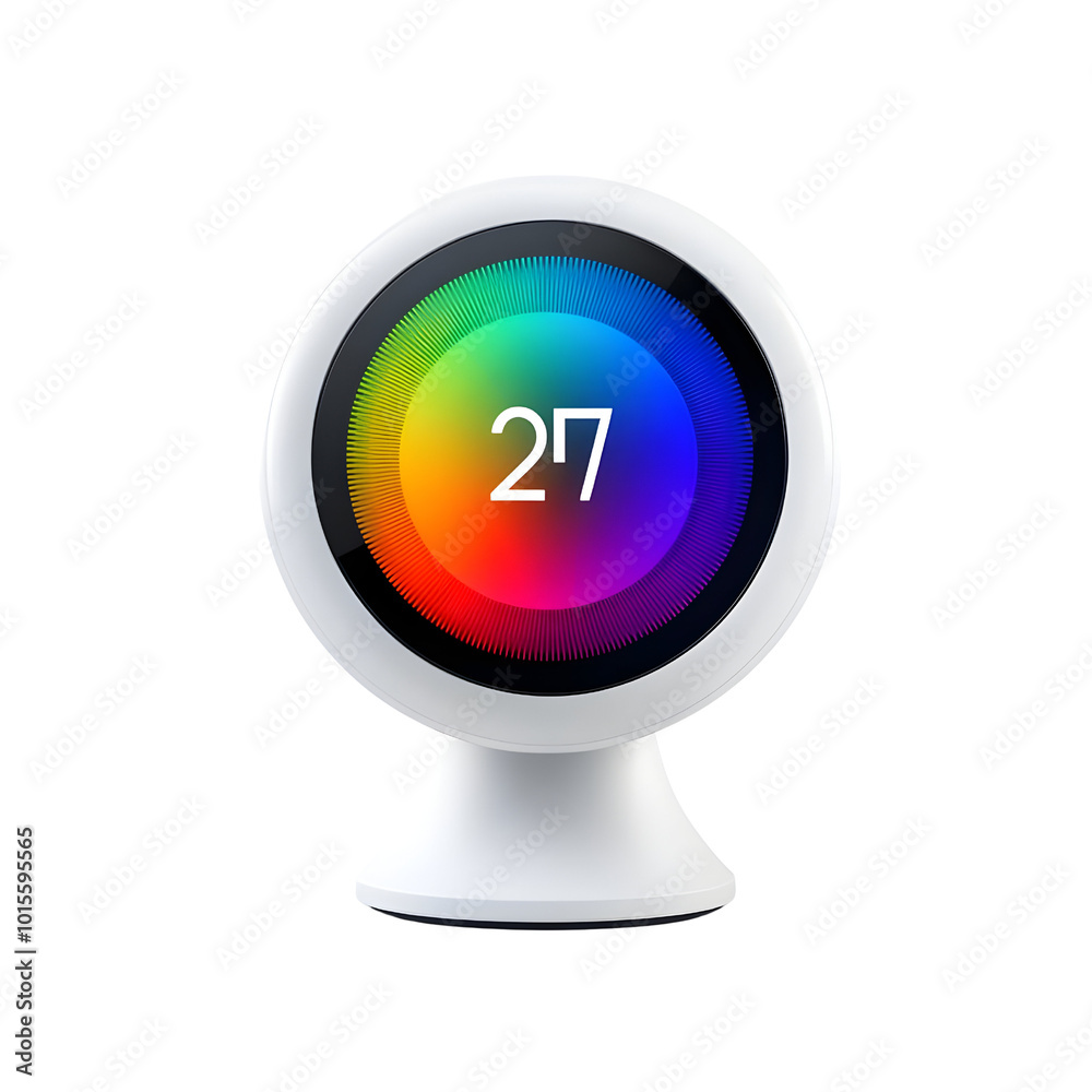 Modern smart home device displaying colorful temperature reading on a white background. Modern smart home device displaying colorful temperature reading on a white background.