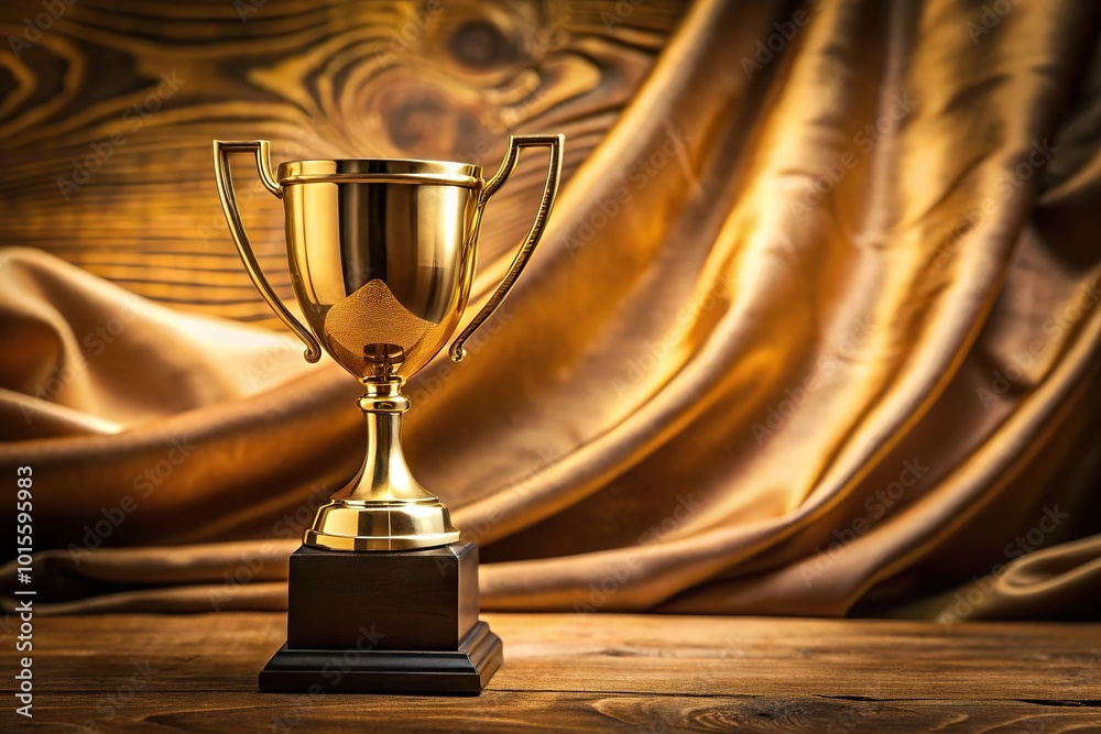Golden trophy on wooden table with wavy cloth background silhouette Golden trophy on wooden table with wavy cloth background silhouette