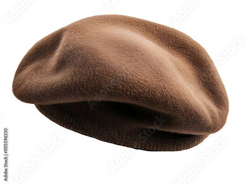 A stylish brown beret hat on a white isolated background, perfect for fashion and accessories. photo