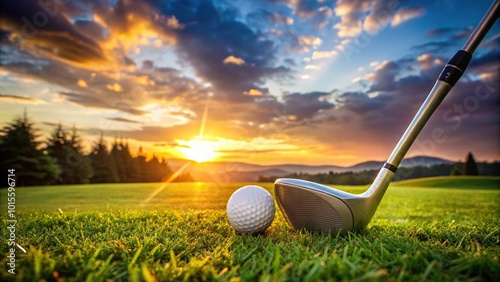 golf club hitting ball on green field at sunset close-up