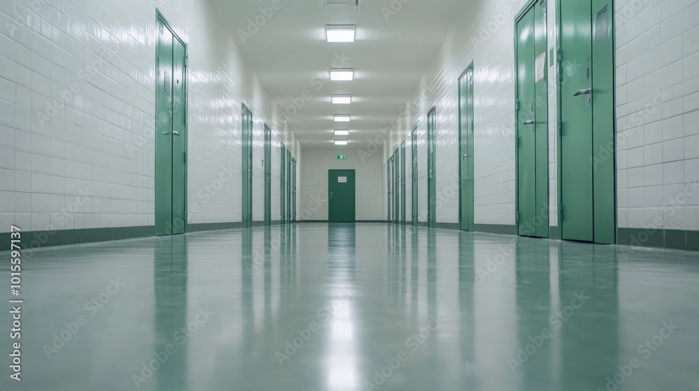 This long corridor features symmetrical green doors along white walls, with a polished floor reflecting soft overhead lighting, creating a calm and orderly atmosphere This long corridor features symmetrical green doors along white walls, with a polished floor reflecting soft overhead lighting, creating a calm and orderly atmosphere
