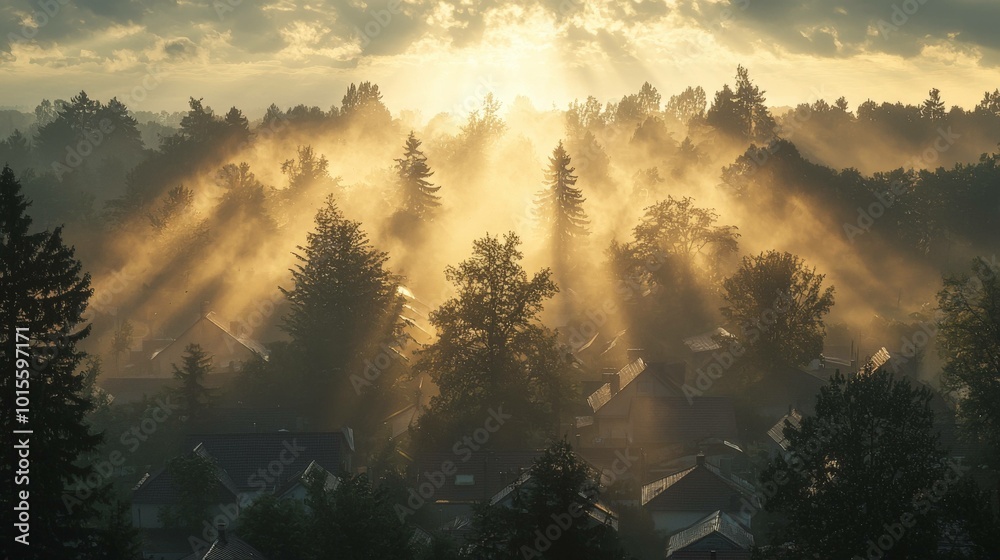 Naklejka premium Sunrise Rays Illuminate Misty Village in Trees