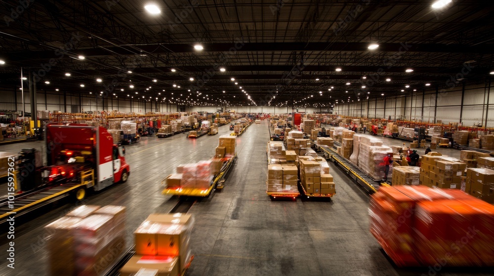 A large logistics warehouse features staff actively sorting and packing boxes, with packages rapidly moving onto trucks, highlighting a fast-paced operation A large logistics warehouse features staff actively sorting and packing boxes, with packages rapidly moving onto trucks, highlighting a fast-paced operation
