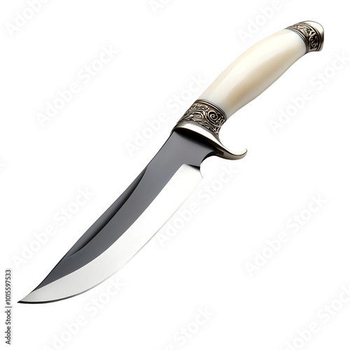 A detailed view of a sharp knife with a polished blade and ornate handle, isolated on a white background.