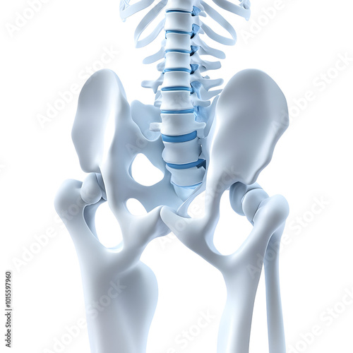 Human skeletal structure featuring a detailed 3D rendering of the pelvis and spine. photo