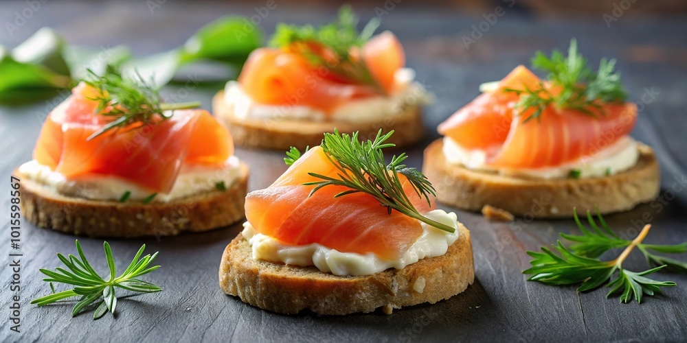 Gourmet smoked salmon canapes with dill garnish Gourmet smoked salmon canapes with dill garnish