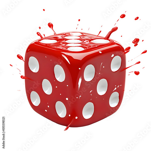 Glossy red die with splashes of water, white isolated background. photo