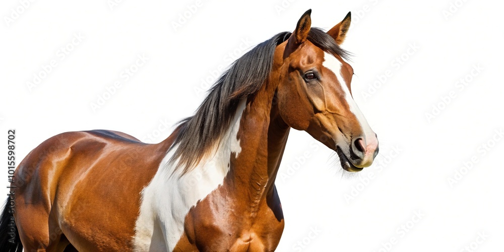 Graceful brown and white noble horse isolated on white background. Graceful brown and white noble horse isolated on white background.