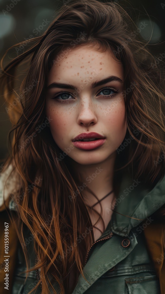 Freckled Woman in Nature - Cinematic Close-up Portrait with Windswept Hair Freckled Woman in Nature - Cinematic Close-up Portrait with Windswept Hair