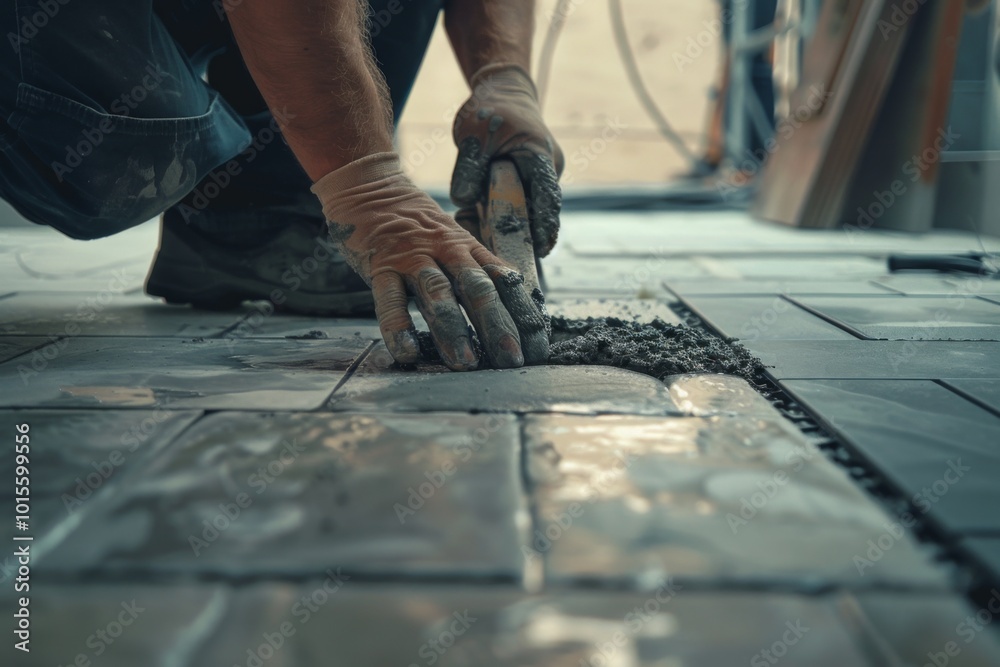 Craftsman precisely installing floor tiles at a construction site Craftsman precisely installing floor tiles at a construction site