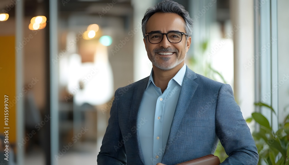 Fototapeta premium Smiling Businessman in a Blue Suit and Glasses Standing in an Office Setting