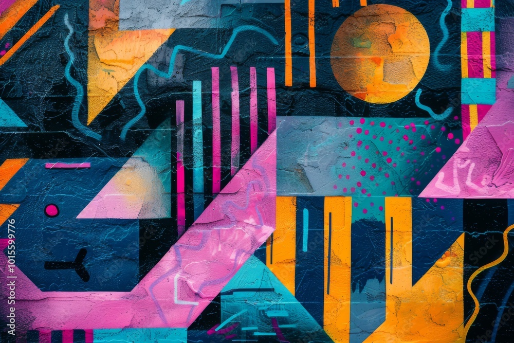 Fototapeta premium Neon and geometric shapes oil painting texture background panorama banner