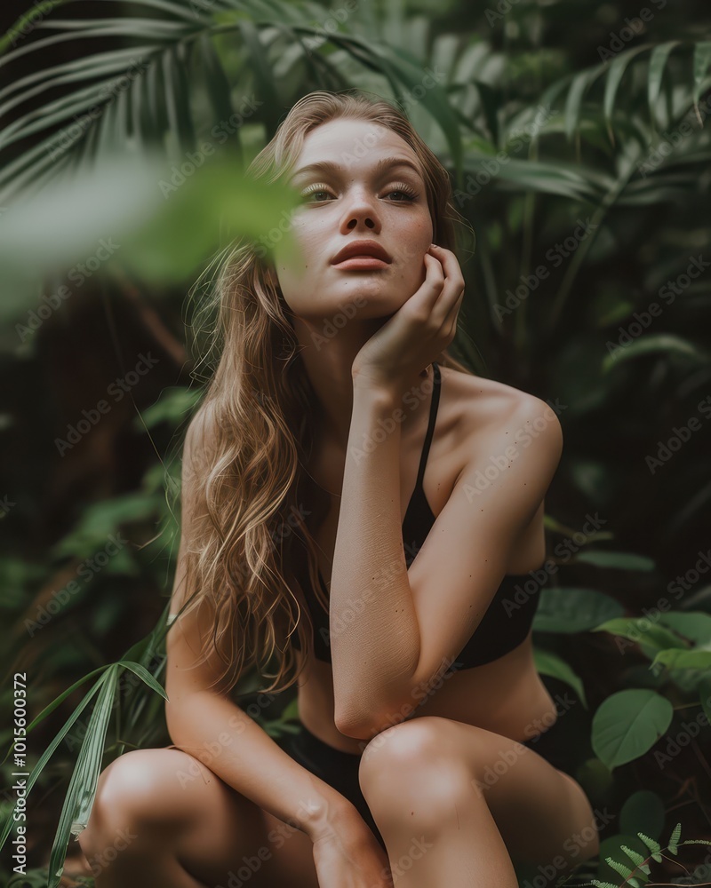 Tropical Beauty in Jungle, Sensual Woman with Natural Elegance and Greenery Background Tropical Beauty in Jungle, Sensual Woman with Natural Elegance and Greenery Background