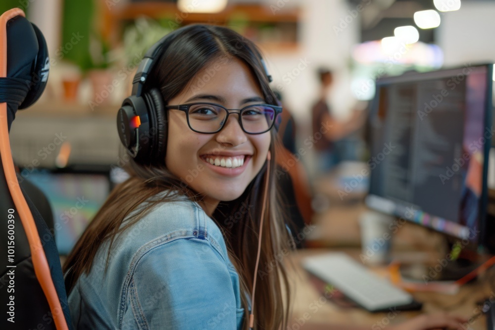 Portrait of a smiling young hispanic female IT support worker in startup company office Portrait of a smiling young hispanic female IT support worker in startup company office